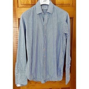 Burberrys Mens Button Up Shirt Sz 16 Blue Striped FRENCH Cuff Broadcloth Classic